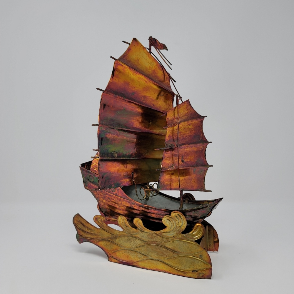 Vintage Copper Art Musical Kinetic Sailing Ship Plays Beyond The Reef